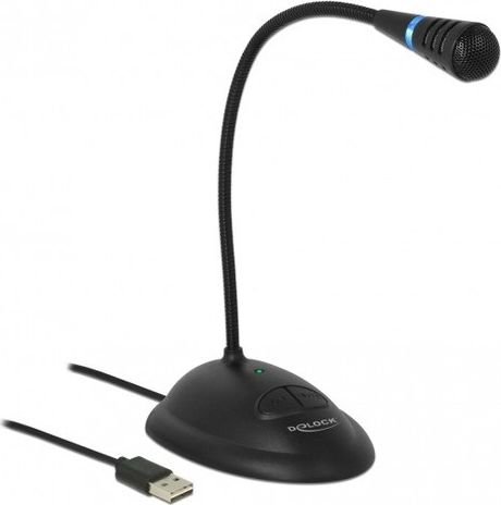 Delock USB mikrofon s husím krkem, stojánkem a tlačítky ztlumení, zapnutí a vypnutí