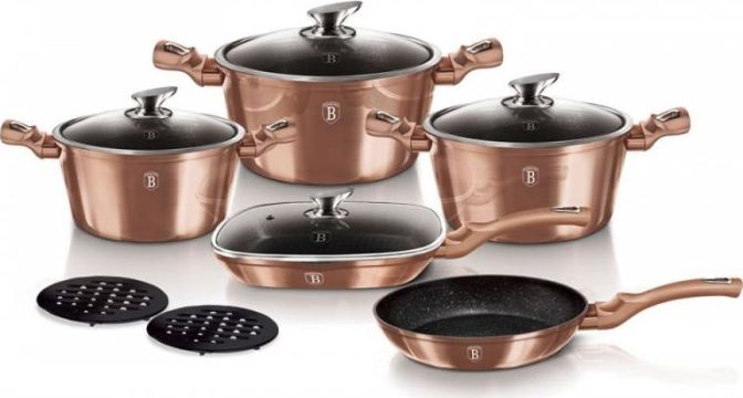 Berlingerhaus Sada hrncov s mramorovým povrchom a grilovacou panvicou Metallic Line Rose Gold BH-6191 11 dielna