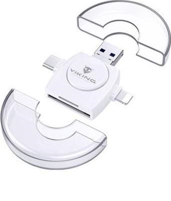 Viking OTG čtečka paměťových karet SD a Micro SD 4v1 s koncovkou APPLE Lightning / Micro USB / USB 3.0 / USB-C, bílá