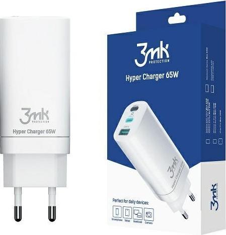 3mk nabíječka do sítě Hyper Charger 65W, GaN, 2x USB-C (PD) + 1x USB, bílá
