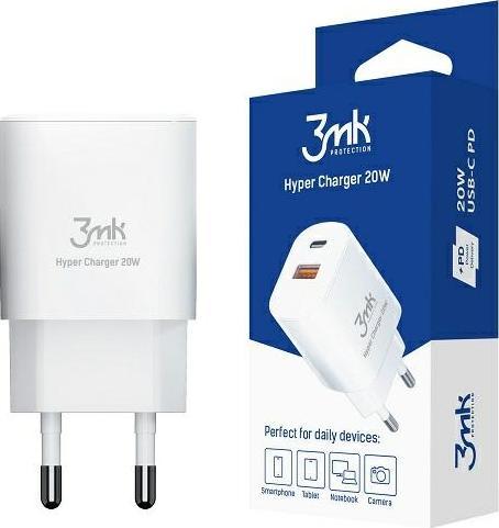 3mk nabíječka do sítě Hyper Charger 20W, 1x USB-C (PD) + 1x USB, bílá