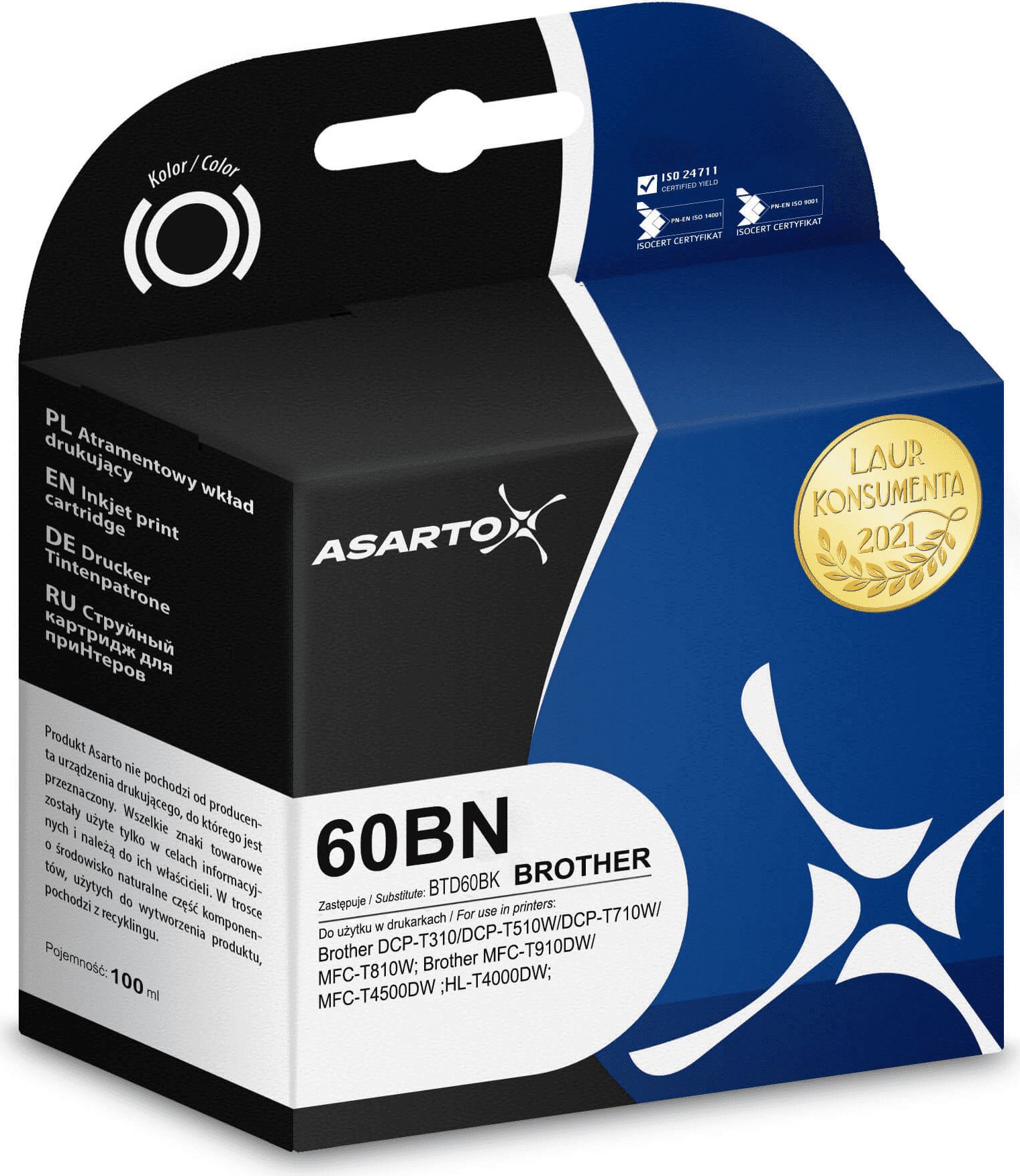 Inkoust Asarto Inkoust Asarto pro Brother 60BN | BTD60BK | 100 ml | Černá