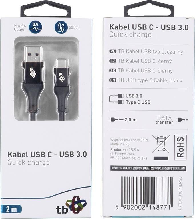 USB TB TB kabel USB 3.0 - USB C kabel 2m PREMIUM 3A černý TPE