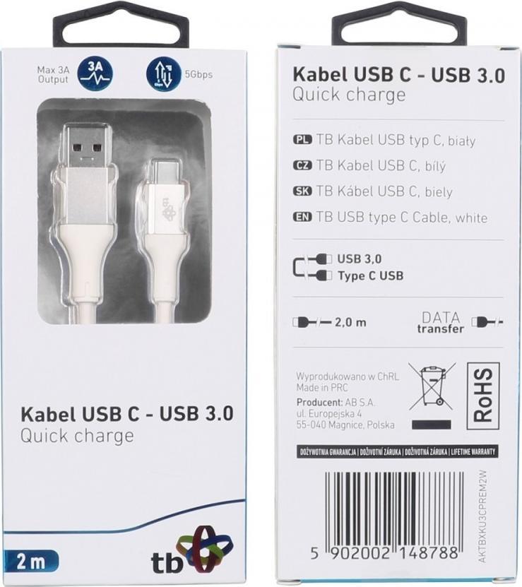 TB USB 3.0/USB-C 2m premium 3A bílý