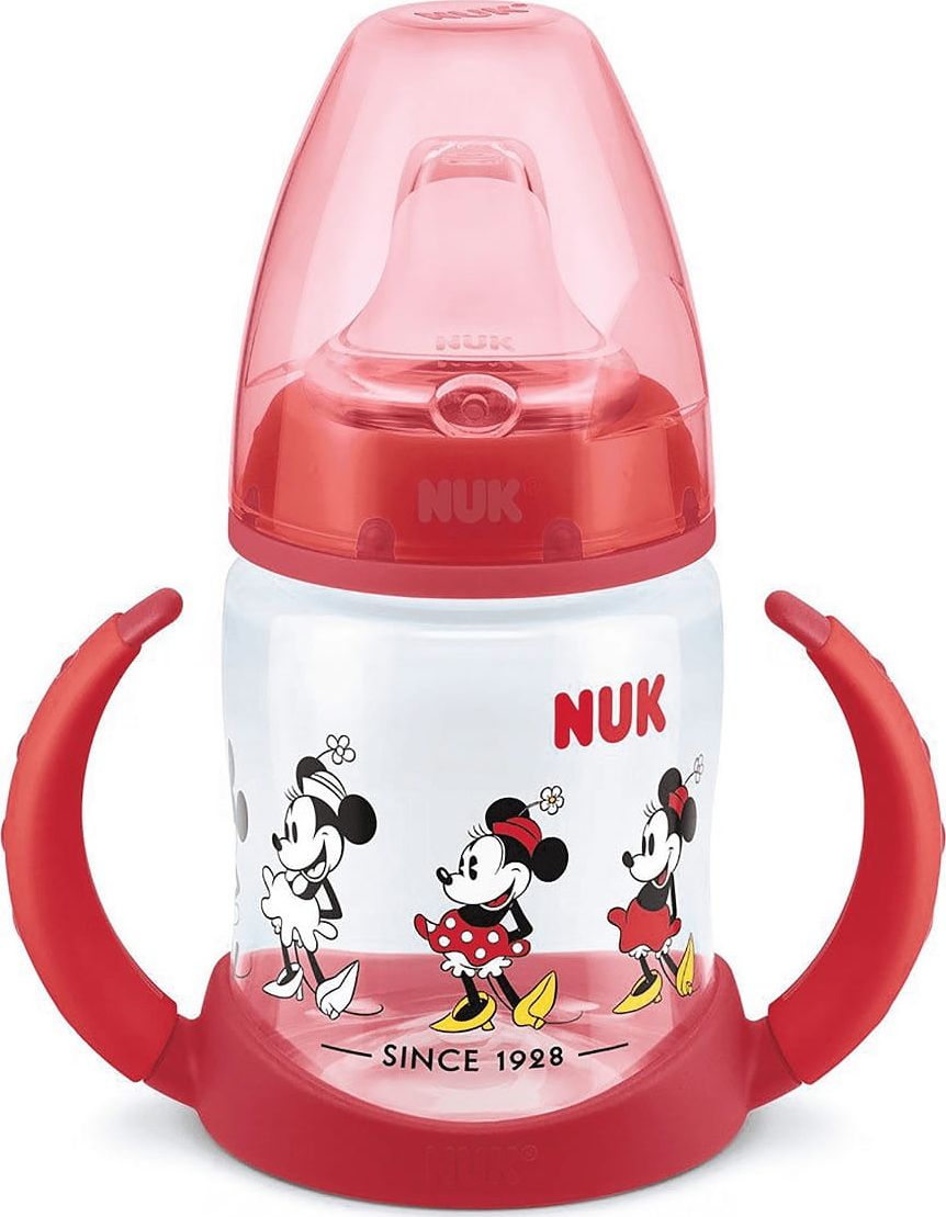 NUK Learning láhev na pití s rukojetí a indikátorem teploty Minnie Mouse 150 ml červený Nuk