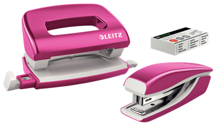 LEITZ Set mini zošívačky a dierovačky WOW, metalická ružová