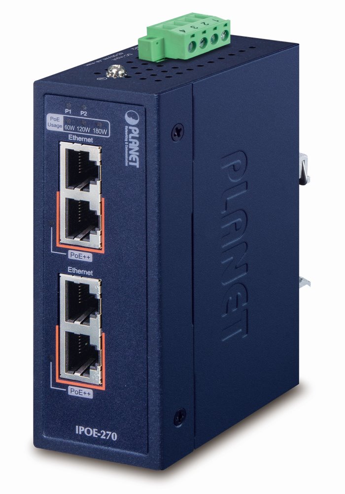 Planet IPOE-270 PoE průmyslový injektor, 2x port, 4x 1/2.5/5Gb, 2x 802.3bt 95/180W, DIN, IP30, -40~75°C, 48-56VDC