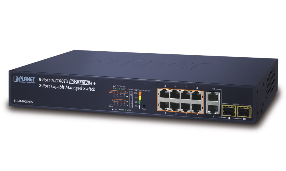Planet FGSD-1008HPS PoE switch, 8x RJ45, 2x SFP/RJ45, Web/SNMP, STP/RSTP, extend 10Mb/s, IEEE 802.3at 125W