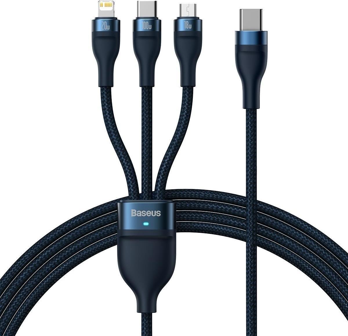 Baseus USB-C - USB-C + microUSB + Lightning kábel 1,5 m Modrý (CASS030203)