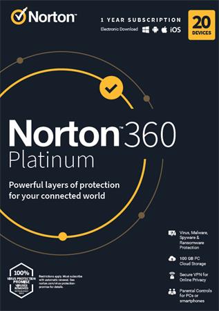 NORTON 360 PLATINUM 100GB +VPN 1 uživatel pro 20 zařízení na 1 rok ESD
