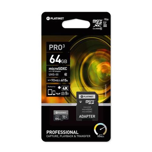 PLATINET microSDXC  SECURE DIGITAL + ADAPTER SD 64GB class10 UIII 90MB/s [43999]