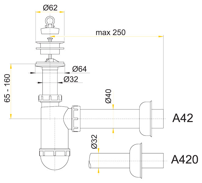 Sifón umývadla DN40, mriežka plast pr.63 A42