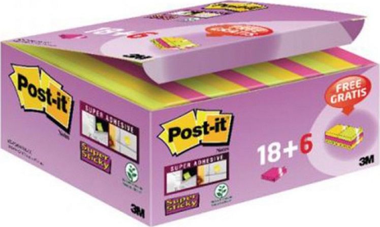 Post-it Samolepící bločky POST-IT Super Sticky (622-P24SSCOL), 47,6x47,6mm, 18+6x90 karet, mix barev, ZDARMA