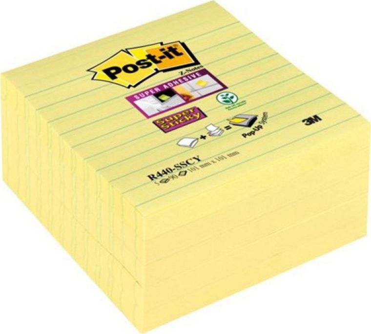 Samolepící papírky POST-IT Super Sticky Z-Notes XL linkované (R440-SSCY), 101 x 101 mm, 5 x 90 karet, žluté