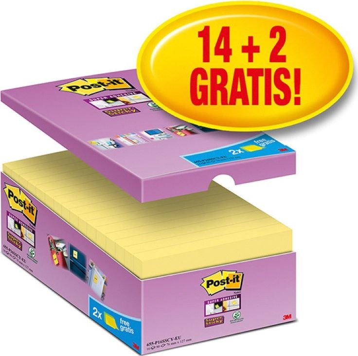 Post-it Post-it Super Sticky Notes (655-P16SSCY-EU), 127x76mm 16x90 karet, žlutá, 2 ZDARMA poznámky