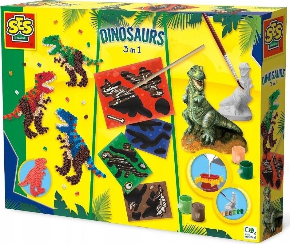 SES Sádrový odlitek 3v1 Dinosaurus, korálky, stírací hra