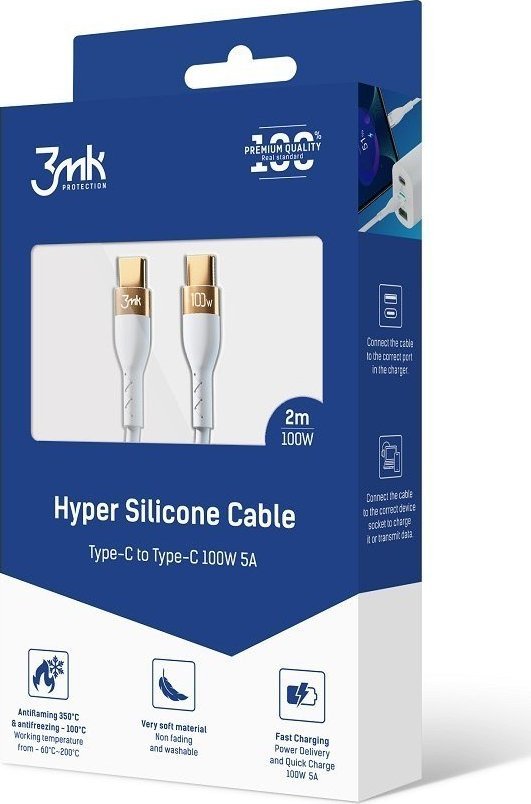 Kabel hypersilikonu 3MK kabel USB-C/USB-C 2M 100 W WHITE/WHITE