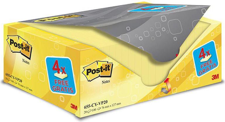 3M Samořídící blok POST-IT® (655CY-VP20), 127x76mm, (20+4)x100 karet, žlutá