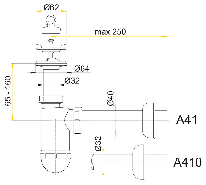 Sifón umývadla DN40 s nerezovou mriežkou pr.63 A41
