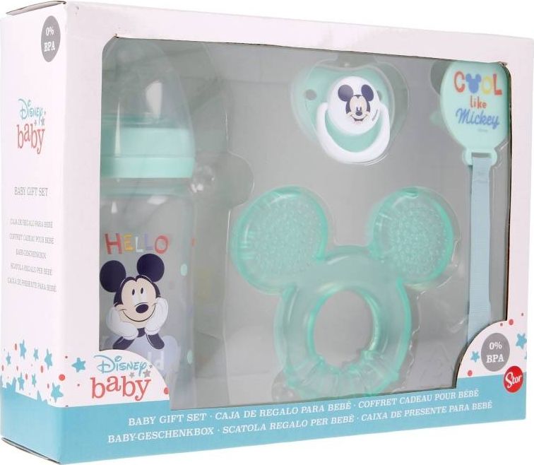 Mickey Mouse Mickey Mouse - Zestaw dla niemowlaka (butelka za smoczkiom 240ml, smoczek anatomiczny, gryzak, uchwyt na gryzak) (Cool)