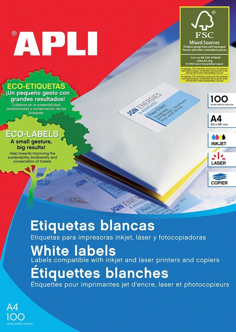 Apli Labels 52,5x29,7mm obdĺžnikové biele 100 listov