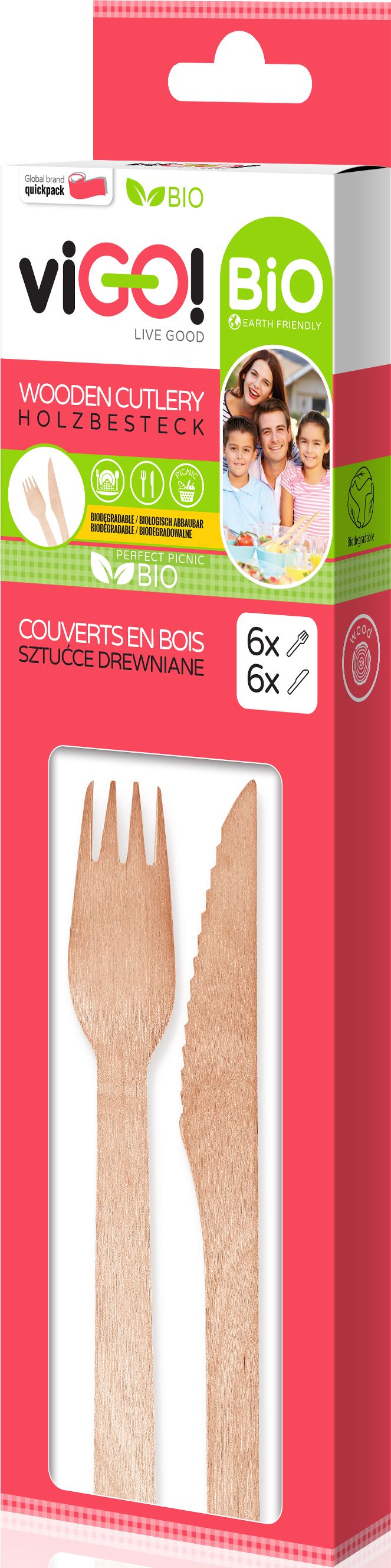 Příbor dřevěný campingový set 12 ks (6x nůž, 6x vidlička) Vigo