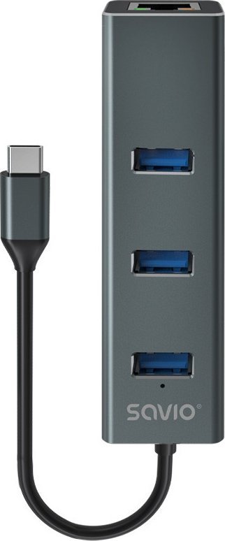 Savio AK-57 USB-C - 3 x USB-A HUB with RJ-45 Gigabit Ethernet adaptér 5000 Mbit/s grey