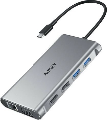 AUKEY CB-C89 aluminiowy Hub USB-C | 10w1 | RJ45 Ethernet 10/100/1000Mbps | 4xUSB | HDMI 4k @ 30Hz | SD aj microSD | USB-C Power Delivery 100W
