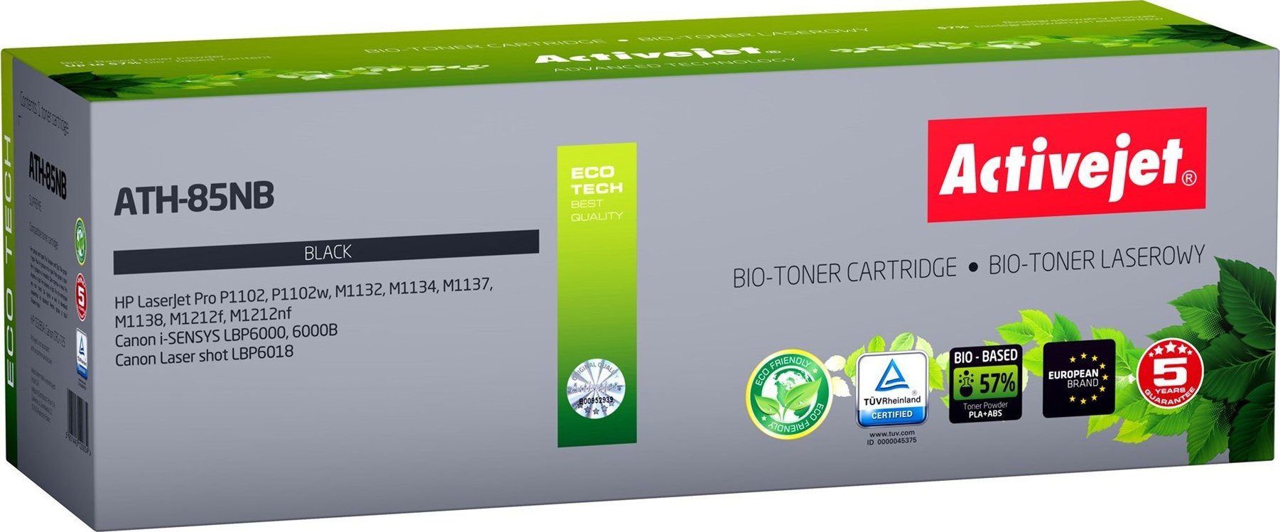 BIO Activejet ATH-85NB toner pre HP Canon printers Replacement HP 85A CE285A Canon CRG-725; Supreme; 2000 pages; black. ECO Toner.