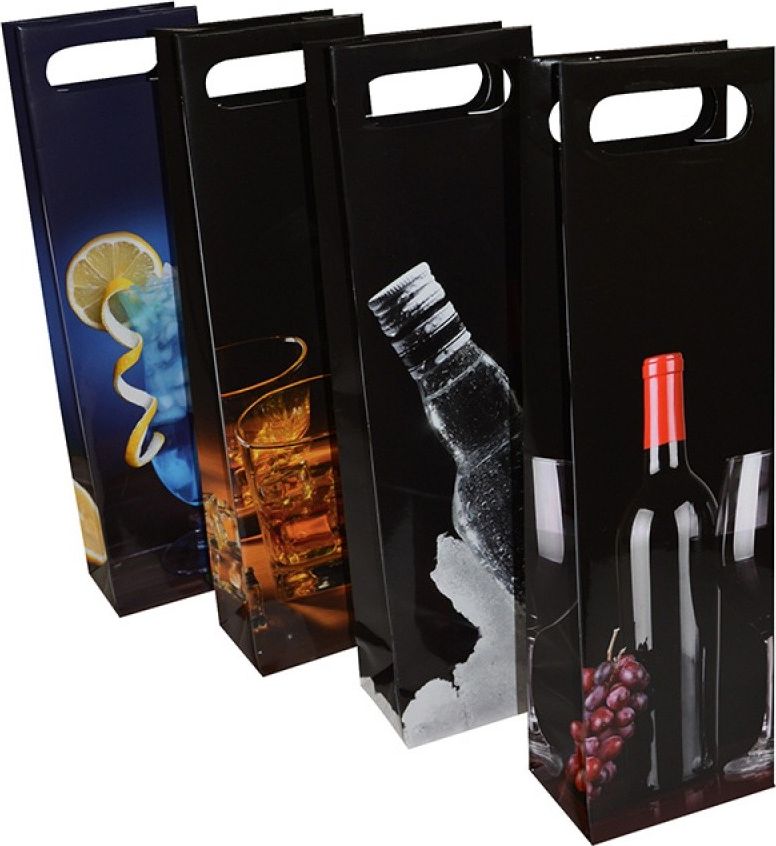 Kancelářské zboží KANCELÁŘSKÉ PRODUKTY sáček na alkohol, lamino, 12x8x41,5cm, s uchem, mix vzorů