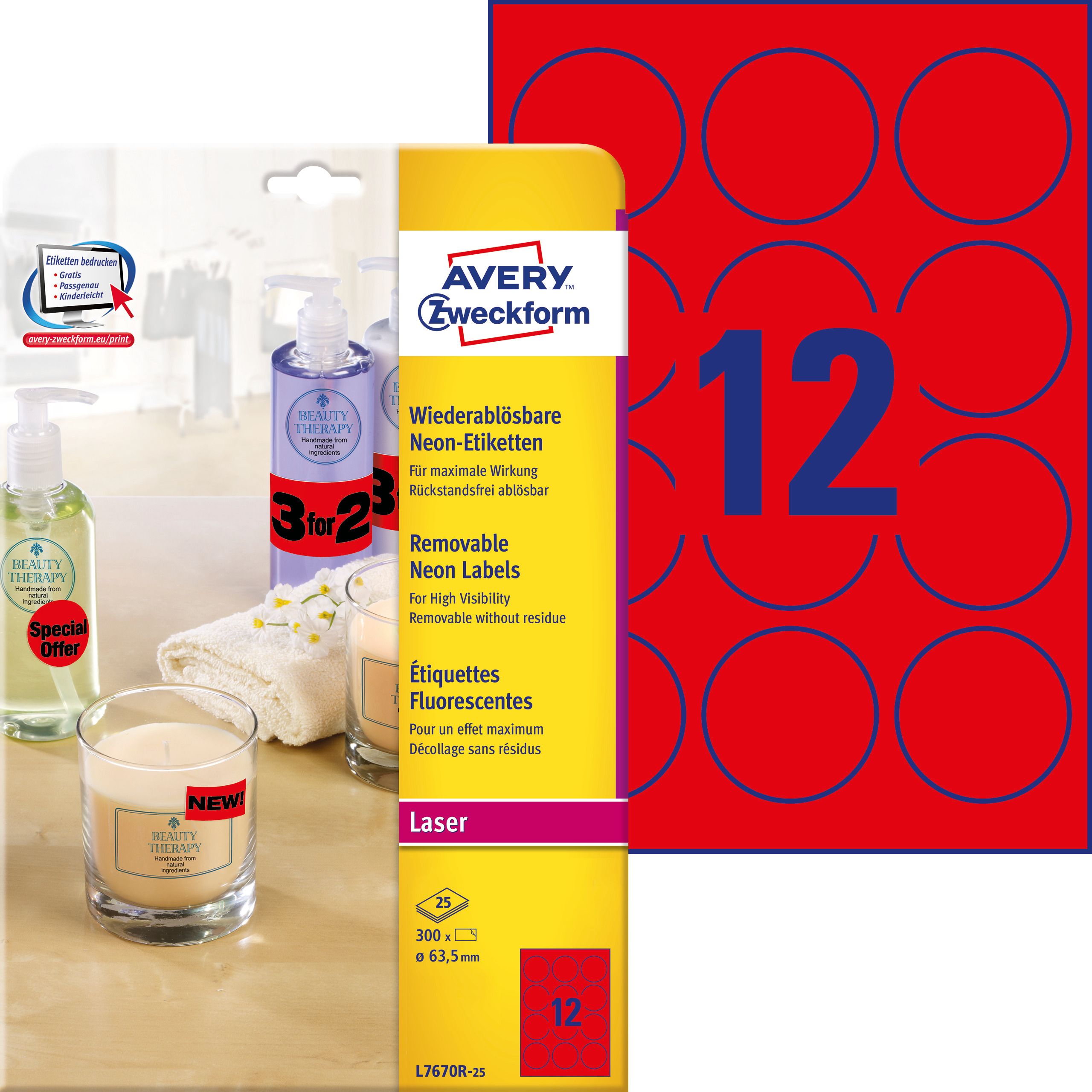 Biurfol NEON ETIKETY A4 25 ARK/OP. PRŮMĚR 63,5 MM ČERVENÁ, ČERVENÁ
