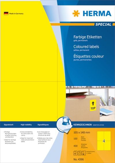 Herma 4396 etikety 105 x 148 mm papír žlutá 400 ks permanentní univerzální etikety inkoust, laser, kopie 100 listů A4