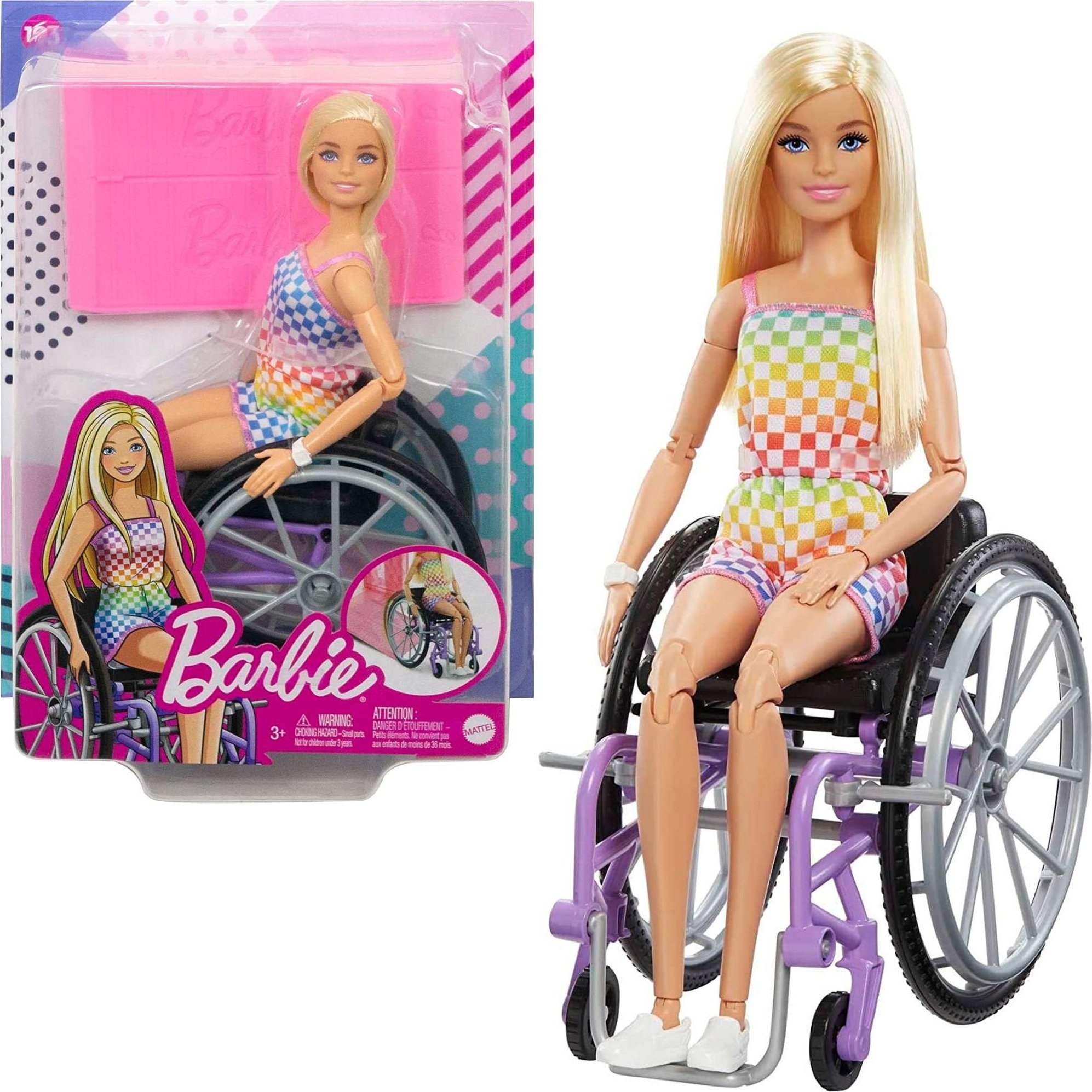 Panenka Barbie Mattel Panenka Barbie Fashonistas na invalidním vozíku Kostkovaný obleček HJT13