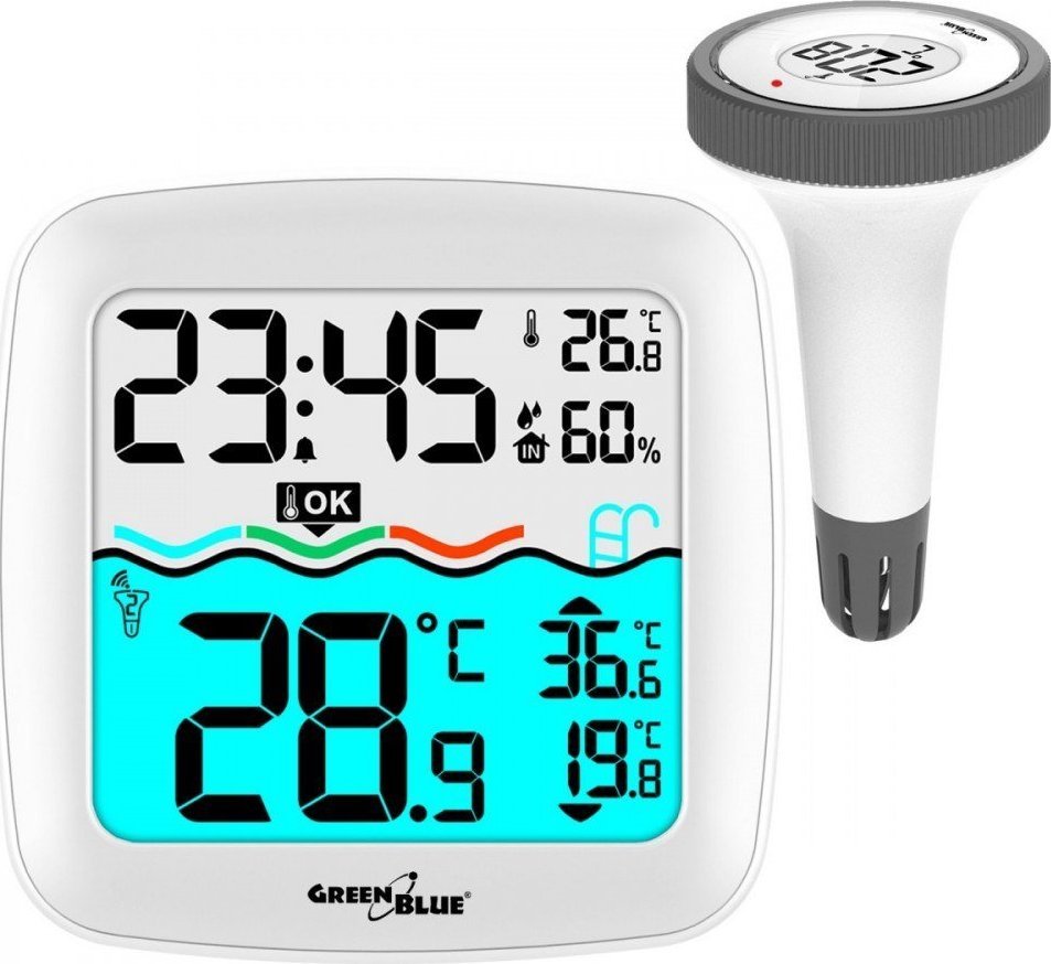 Meteostanica s bazénovým teplomerom GreenBlue, dosah 60 m, plávajúce čidlo, teplota, čas, kalendár, DCF, GB216