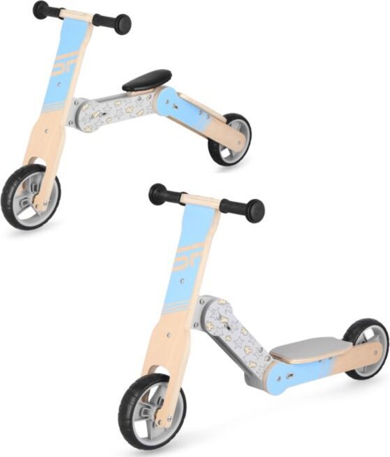 Spokey WOO-RIDE MULTI Dřevěné dětské odrážedlo a koloběžka v jednom, modré