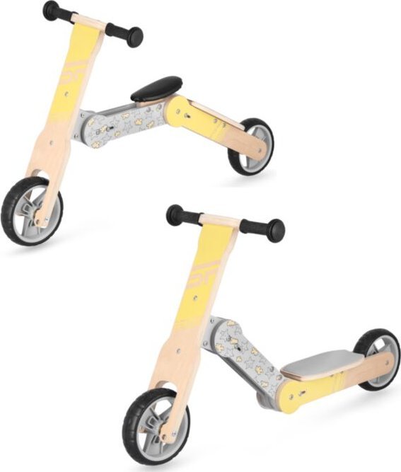 Spokey WOO-RIDE MULTI Dřevěné dětské odrážedlo a koloběžka v jednom, žluté