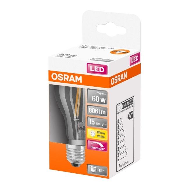 LED žárovka Osram A60 E27 7W 806 lm transparentní tepelná barva DIM