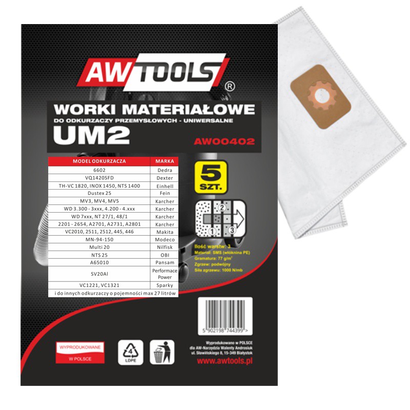AWTools vrecko do vysávača z mikrovlákna UM2 MAKITA VC2010/2511/2512/445/446 5 ks. (AW00402)
