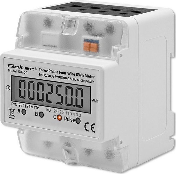 Qoltec Třífázové elektronické počítadlo | měřič spotřeby energie na DIN lištu | 230V | LCD | 4P