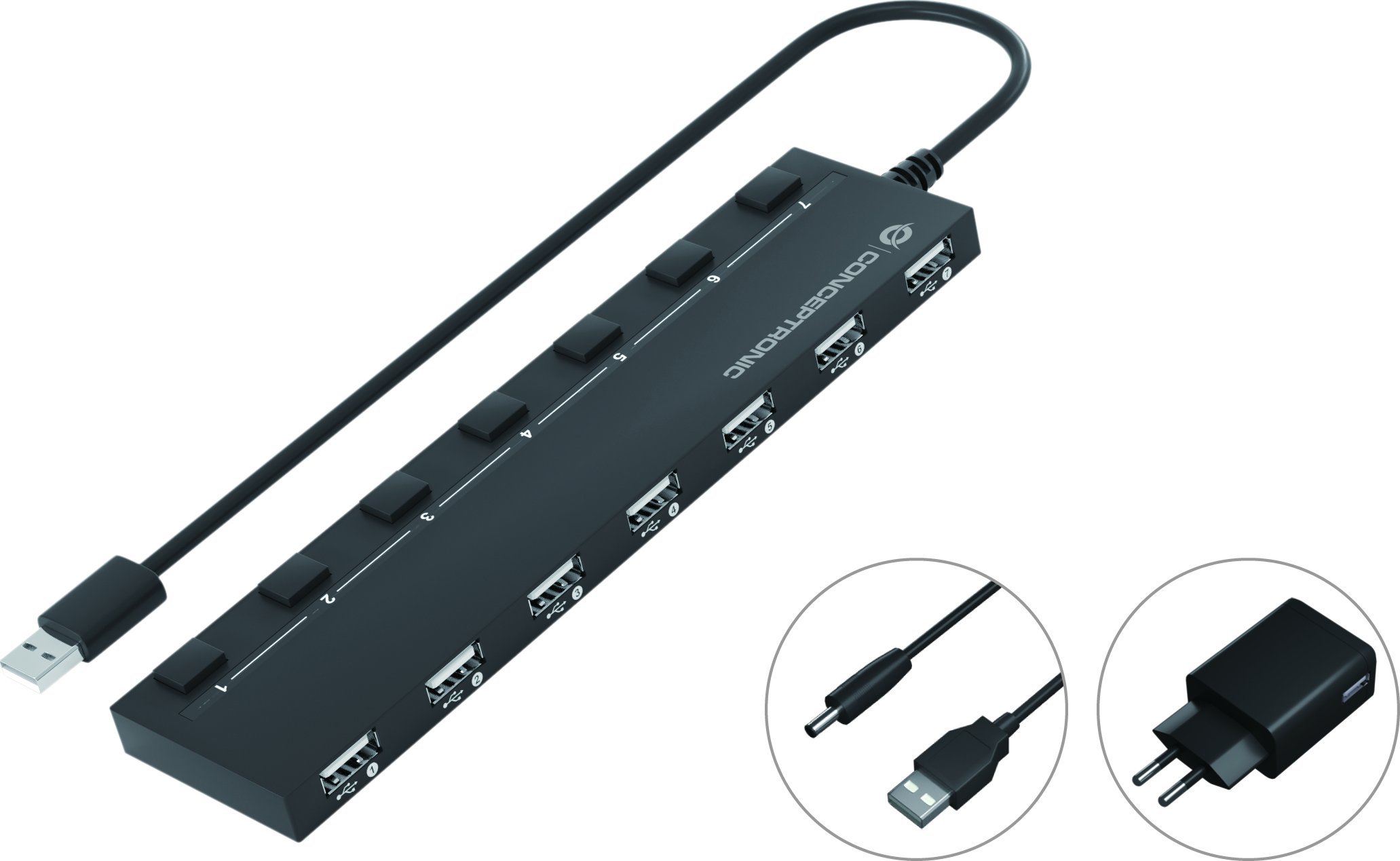 Conceptronic USB HUB CONCEPTRONIC USB-Hub 7-Port 2.0 ->7x2.0 extra m.Netzteil sw