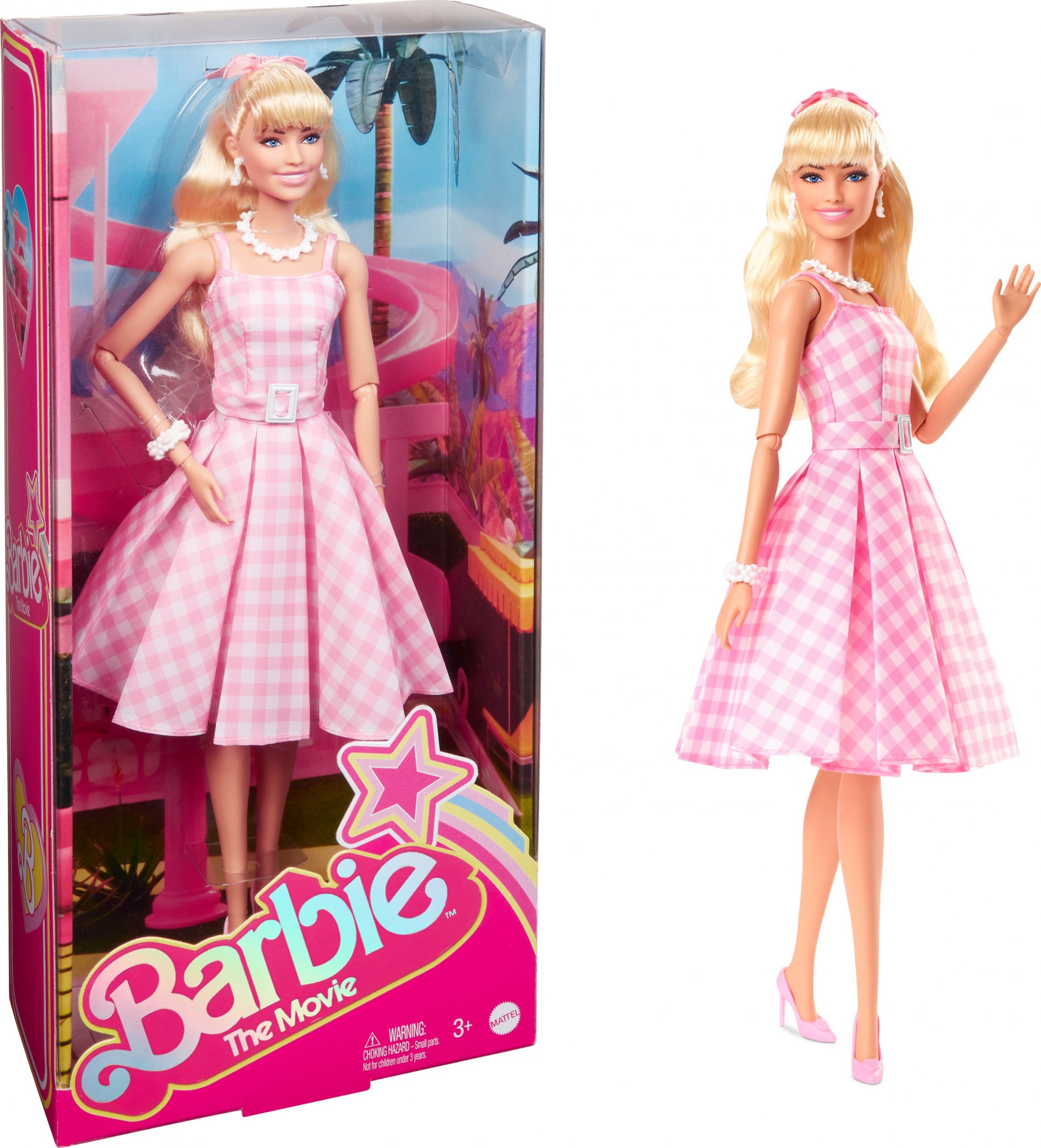 Barbie Signature The Movie - Margot Robbie jako panenka Barbie pro film v růžových a bílých kostkovaných šatech, figurka na hraní