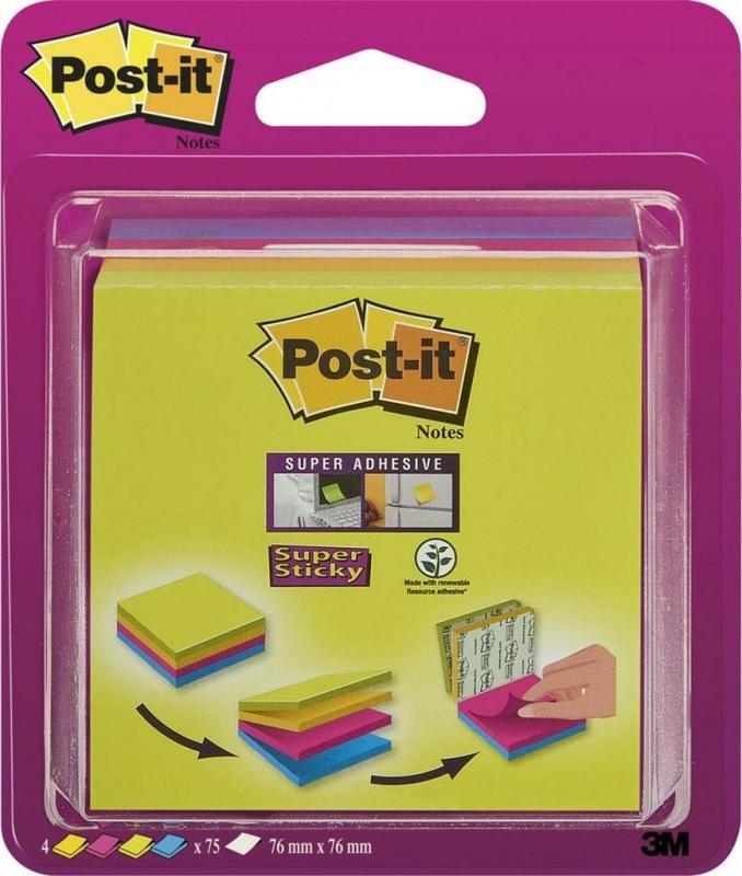 Post-It 3M Samolepicí kostka Multi POST-IT_ Super Sticky (2014-SC-BYFG), 76x76 mm, 4x75 záložek, různé barvy