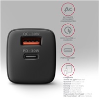 AXAGON ACU-PQ30 Sil nabíječka do sítě 30W, 2x port (USB-A + USB-C), PD3.0/PPS/QC4+/AFC/Apple, černá