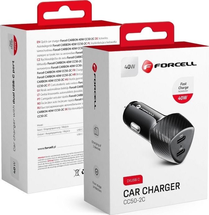 ForCell FORCELL CARBON nabíjačka autonabíjačka Typ C 3.0 PD20W + Typ C 3.0 PD20W CC50-2C čierna (celkom 40W)