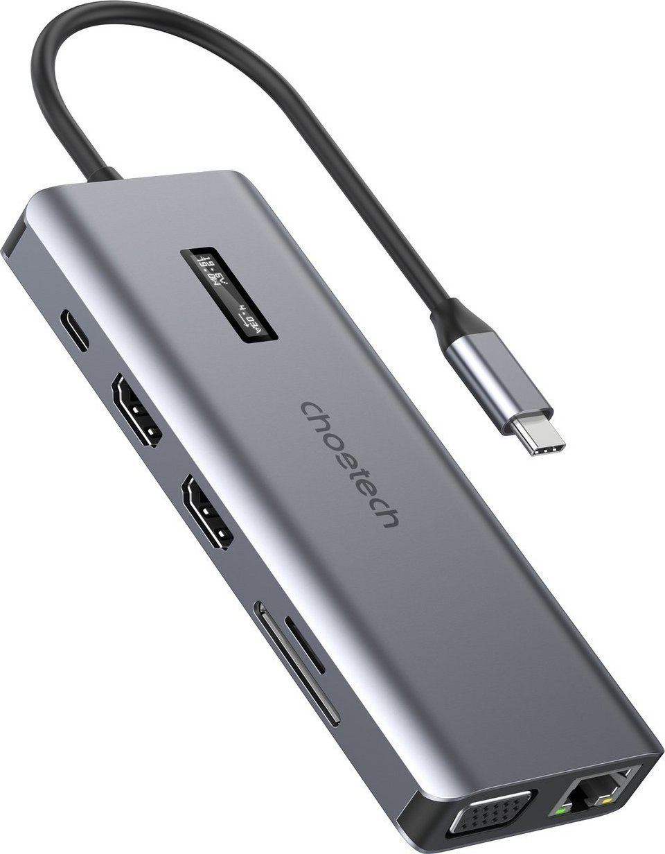 Choetech USB HUB adaptér 12v1 Choetech HUB-M26 USB-C na USB-C+ USB-A+ HDMI+ VGA+ AUX+ SD+ TF (sivá)