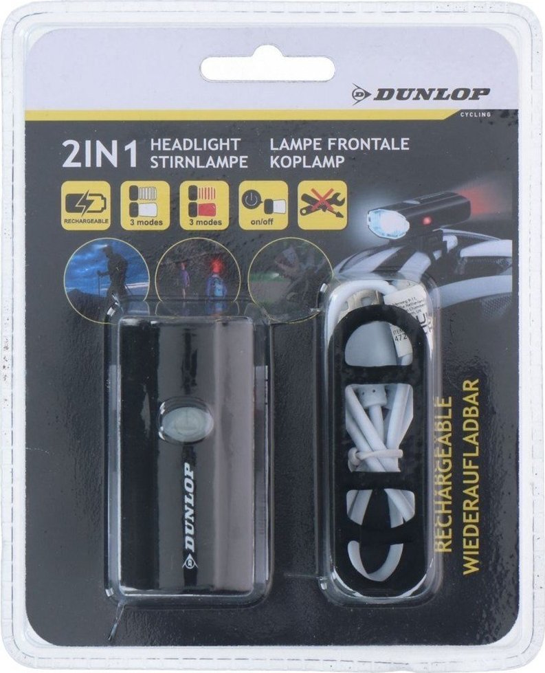 Dunlop LAMPA NA KOLESO 2V1 USB NABÍJANIE, DRŽIAK NA MONTÁŽ NA PRILBU