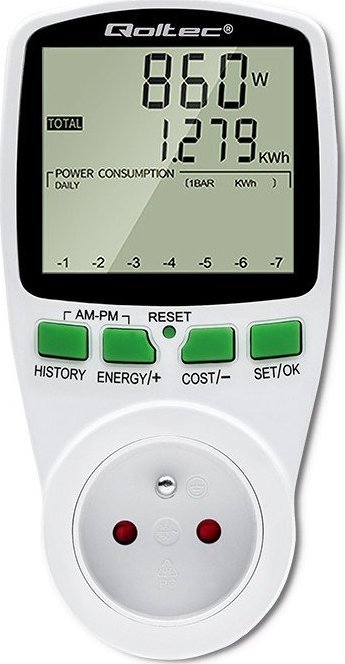 Wattmetr Qoltec Počítadlo spotřeby energie PM0627 s historií měření | 3680W | 16A | LCD