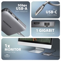 AXAGON HMC-5HL USB 5Gbps hub, 2x USB-A, HDMI 4k/60Hz, RJ-45 GLAN, PD 100W, kabel USB-C 20cm