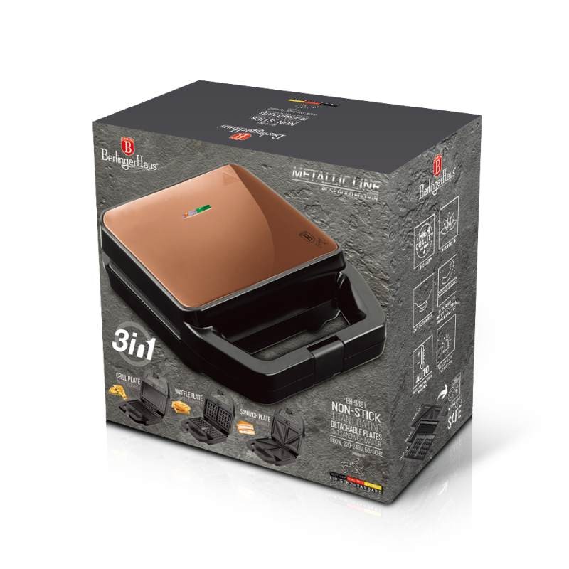 Sendvičovač a vaflovač s nepřilnavým povrchem 3v1 Rosegold Metallic Line