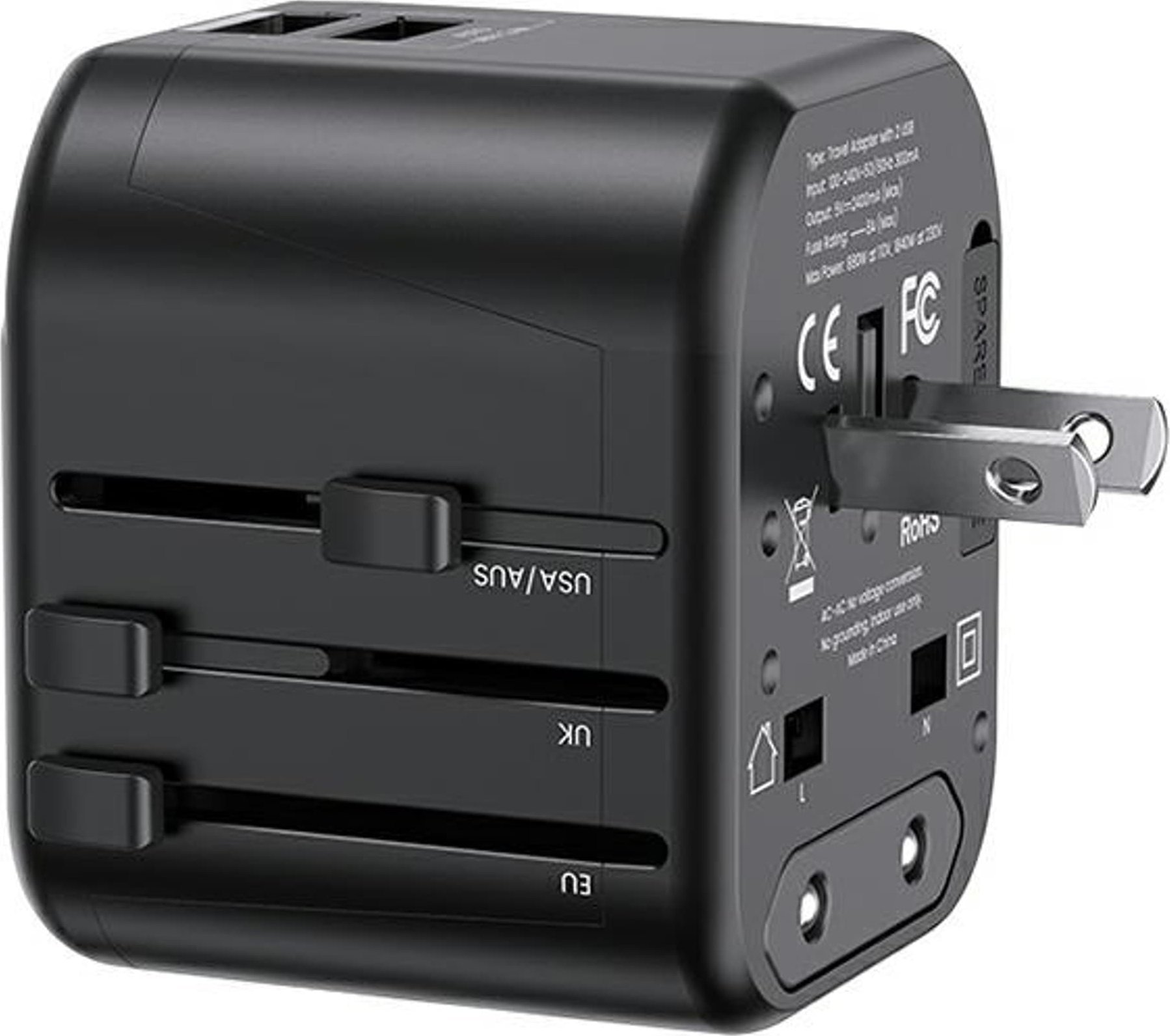 Usams Charger USAMS Wall Charger 2xUSB T55 12W univerzálny adaptér 4v1 USA/AU/EU/UK čierna CC173TC01 (US-CC173)